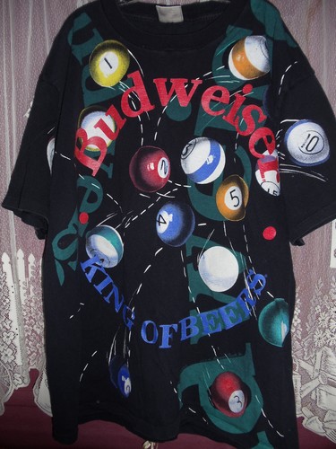 VINTAGE BUDWEISER POOL BALL T-SHIRT King of Beers ALL Over Print XL Tultex 1990s