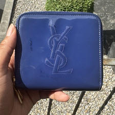 Saint Laurent Women  s Blue Solid Logo Zip-Around Wallet w/ Zipper