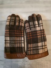 Womens Plaid Wool-Blend Gloves Faux Leather Trim Touchscreen Fingers Size S-M