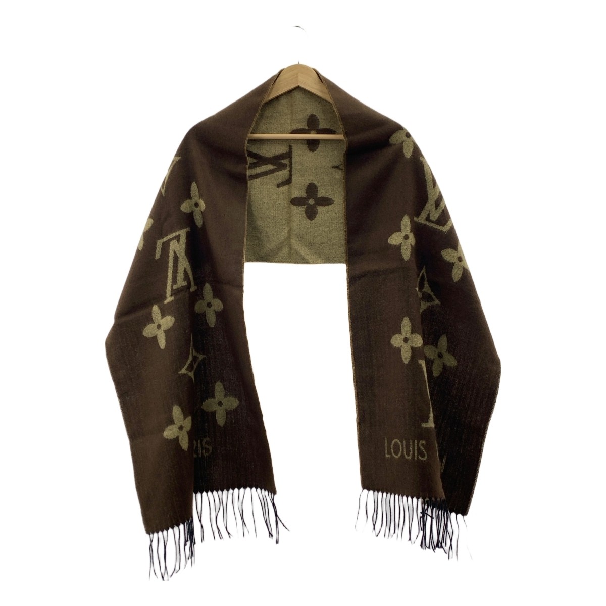 LOUIS VUITTON Bicolor Monogram Reykjavik Fringe Thermal Scarf Brown Beige