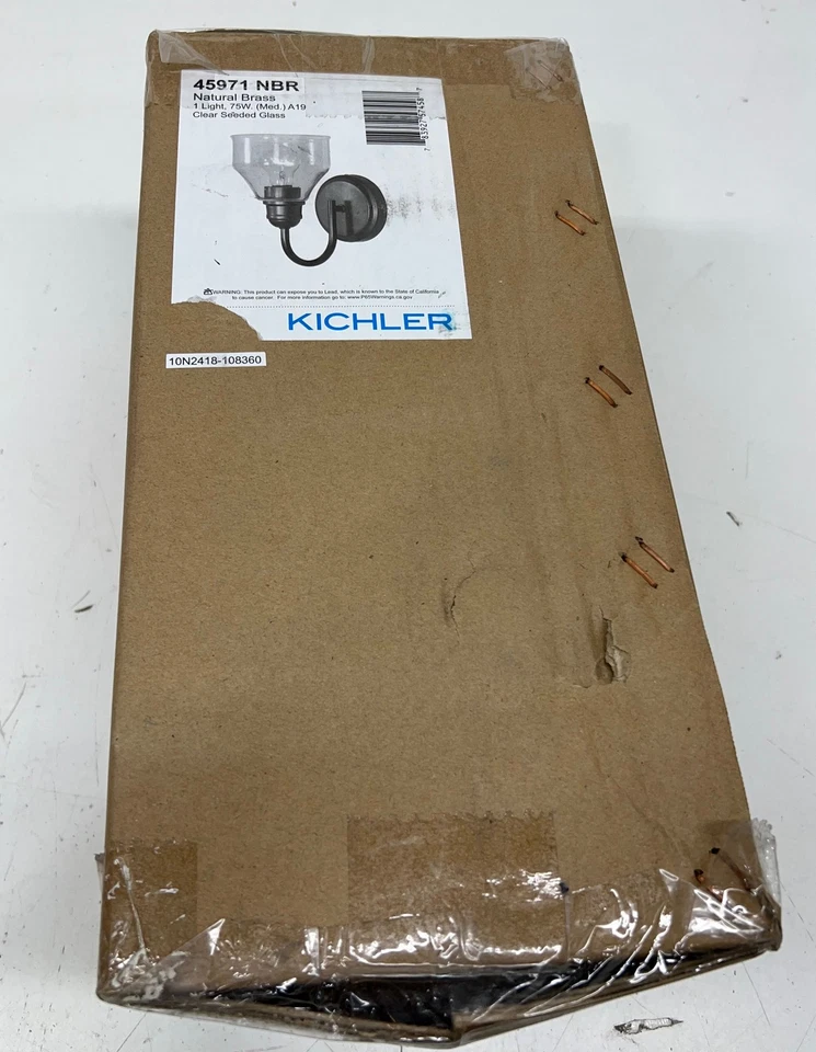 Kichler Avery 1-Light Natural Brass Indoor Wall Sconce Light Clear Seeded Glass - Image 2 of 2