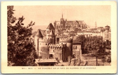 Porte Des Allemands and Cathedral View Metz France Sepia Unposted Postcard