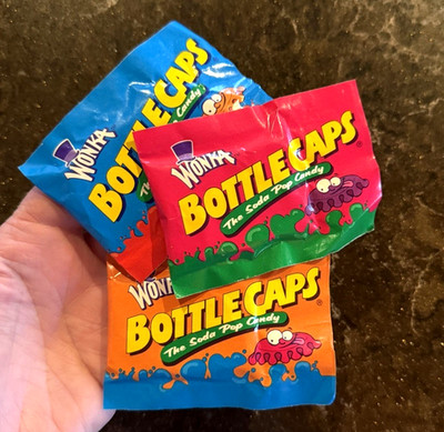 3 Vintage Willy Wonka BOTTLECAPS Bottle Caps Treat Size Candy Packs - Sealed NOS