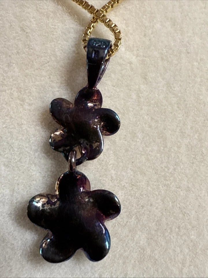 Collar de plata de ley con flores de oro rosa 9:25 puro, cadena de 18" con circonitas circonitas Foto 2 de 4