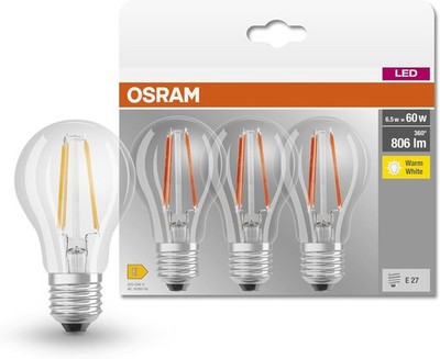 Osram LED BASE Classic,klare Filament LED-Lampen, E27 Sockel,Warmweiß (2700K),3x