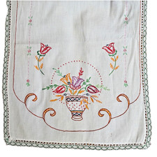 Vintage Embroidered Table Runner 40x14 Multicolor Flowers in Basket Crochet Trim