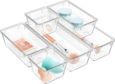 6 Pack Clear Drawer Organizer Set, Acrylic Drawer Storage Trays, Storage Bins
