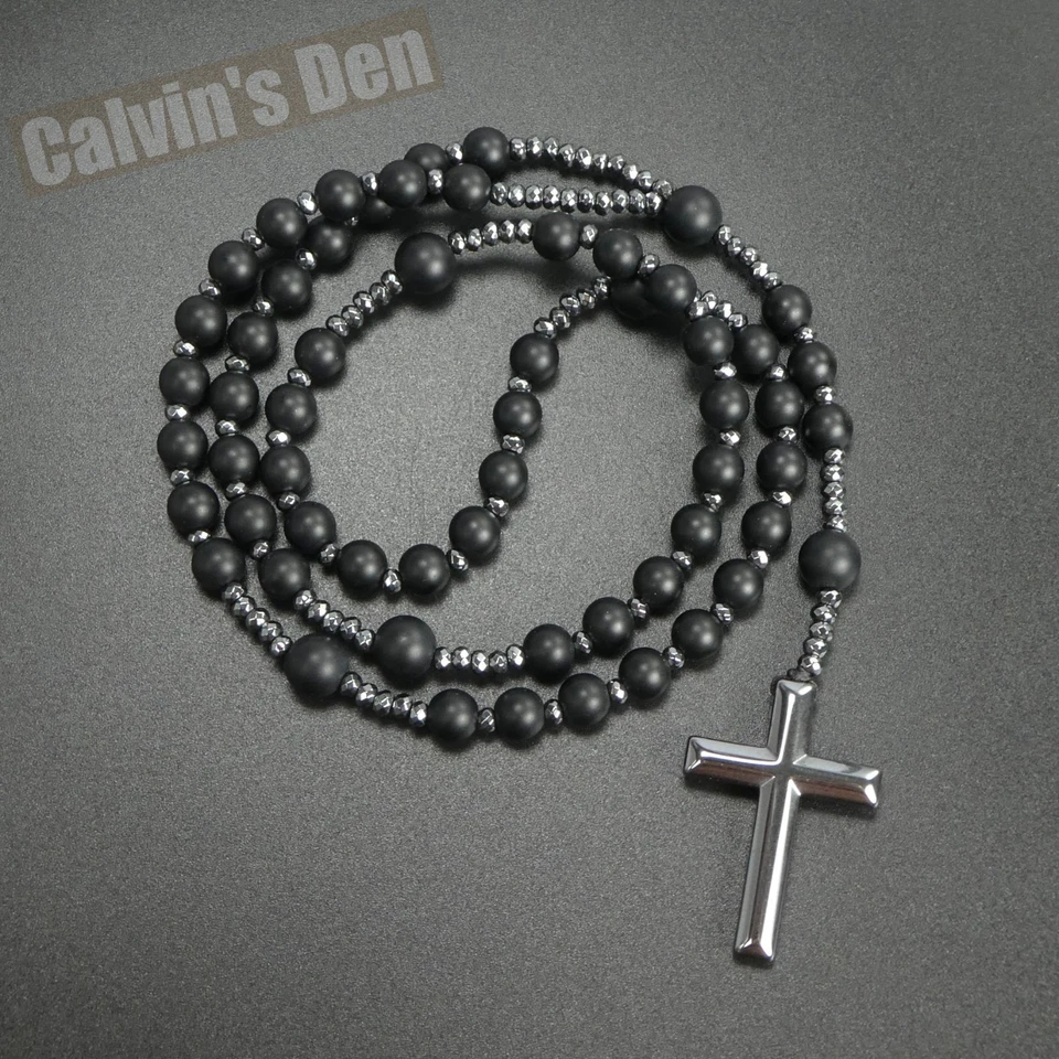 Collar Rosario Colgante Cruz Hematita Cuentas Ónix Negro Mate Grande Regalo Hombre Foto 3 de 4