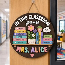 Personalized Classroom Door Teacher School Welcome Wooden Sign with Rope