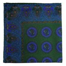 Forest Green  Blue Geometric Ancient Madder Silk Pocket Square Hand-Rolled 