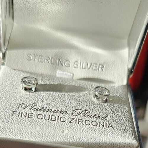CRISLU Sterling Silver Platinum Plated Clear Cubic Zirconia Stud Earrings - Picture 11 of 13
