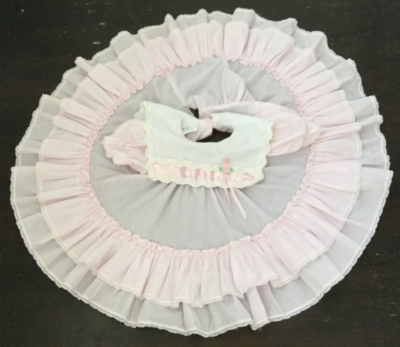 Mini World Vintage Baby Dress Pink Circle White Lace Satin Trim 9M Vintage