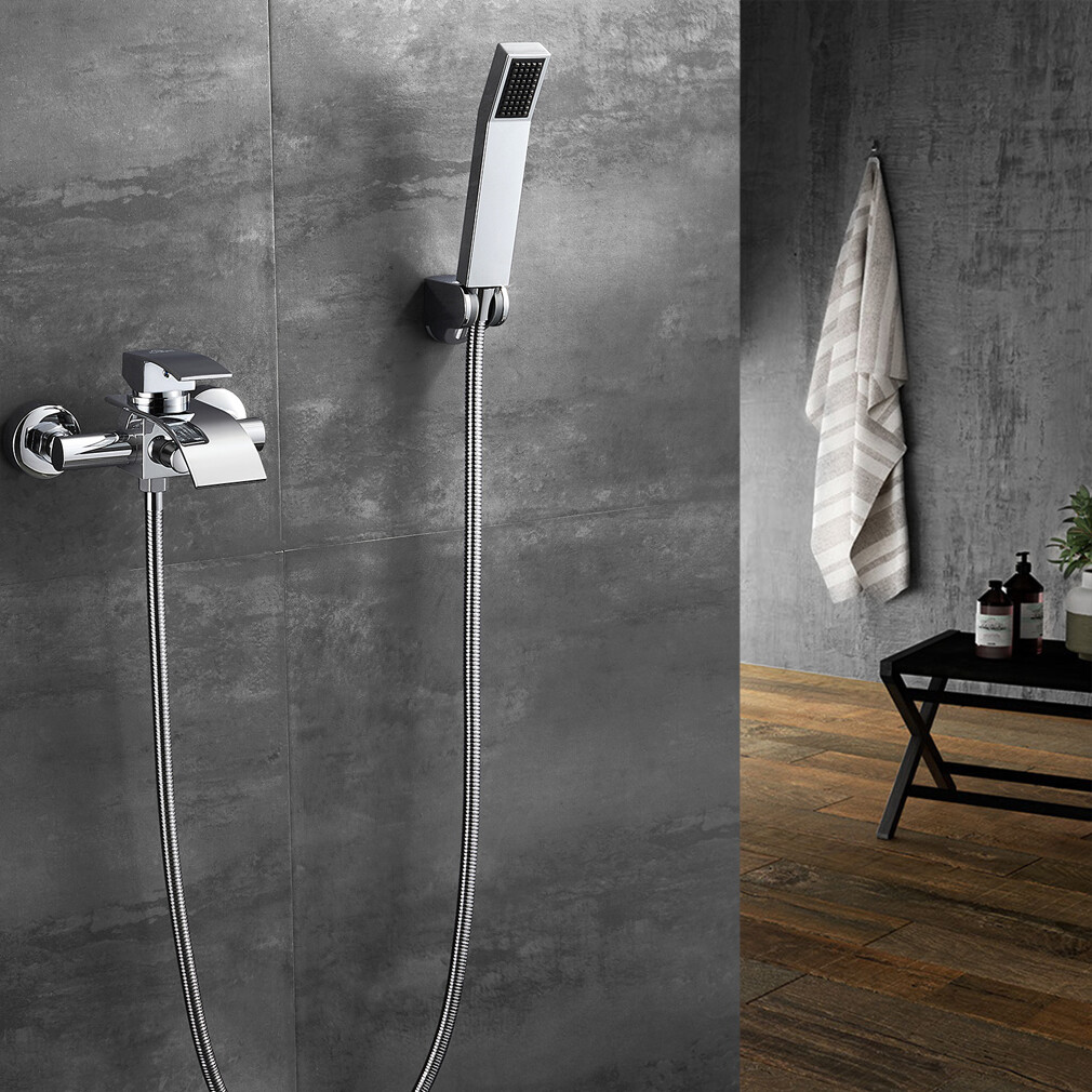 Wandmontierte Wannenarmatur Mit Wasserfall-Auslauf & Handbrause – In Matt Schwarz