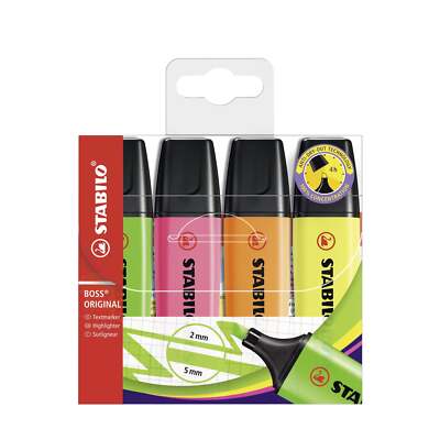 STABILO BOSS ORIGINAL Highlighter - Pack of 4 - Yellow, Orange, Green, Pink