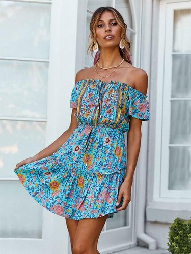 Elegante abito vestito morbido corto boho bohemian hippie azzurro fiori  5089 | eBay