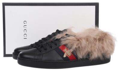 NEW GUCCI ACE MENS BLACK LEATHER FUR LINED WEB BEE LOGO SNEAKERS SHOES 11