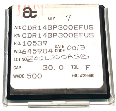 (8 PIECE LOT) CDR14BP300EFUS, Cap Ceramic 30pF 500V C0G 1% SMD (0.001%FR) 125°C