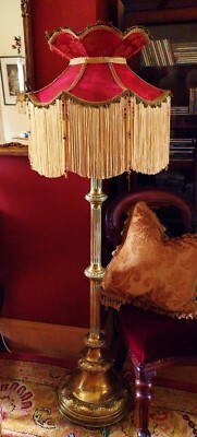 RITZ, VIKTORIANISCHER GLASPERLEN-LAMPENSCHIRM ATEMBERAUBEND SCALAMANDRE ROTE SEIDE 18''
