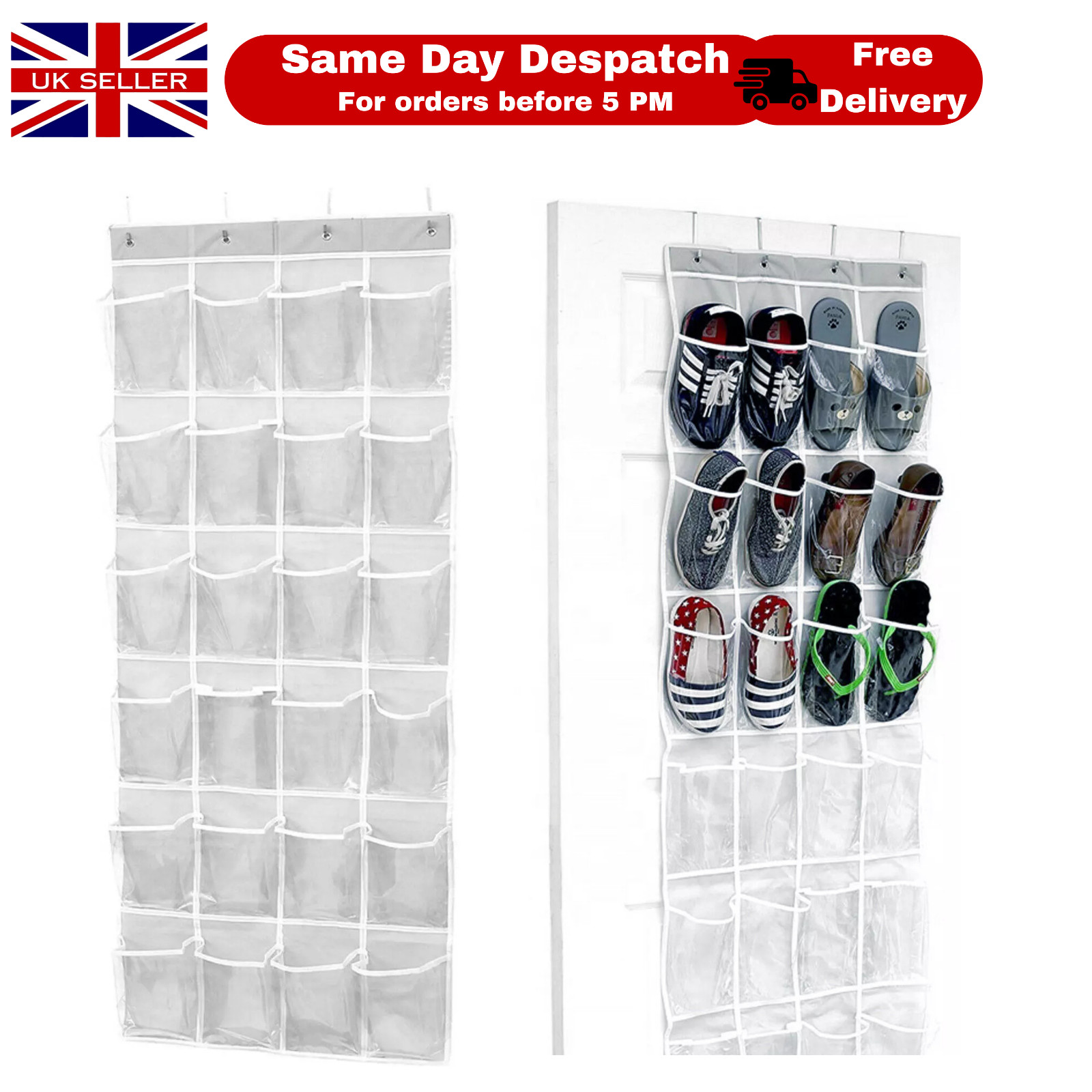 24 Pair PVC Pocket Over Door Hanging Shoe Rack Shelf Organiser Storage Stand