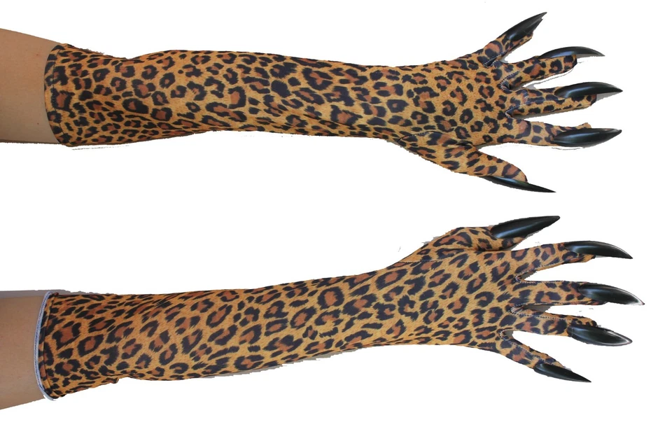 De lujo 17" Largo Bruja Par de Guantes Largos Negro Uñas Diseño Leopardo Foto 3 de 3