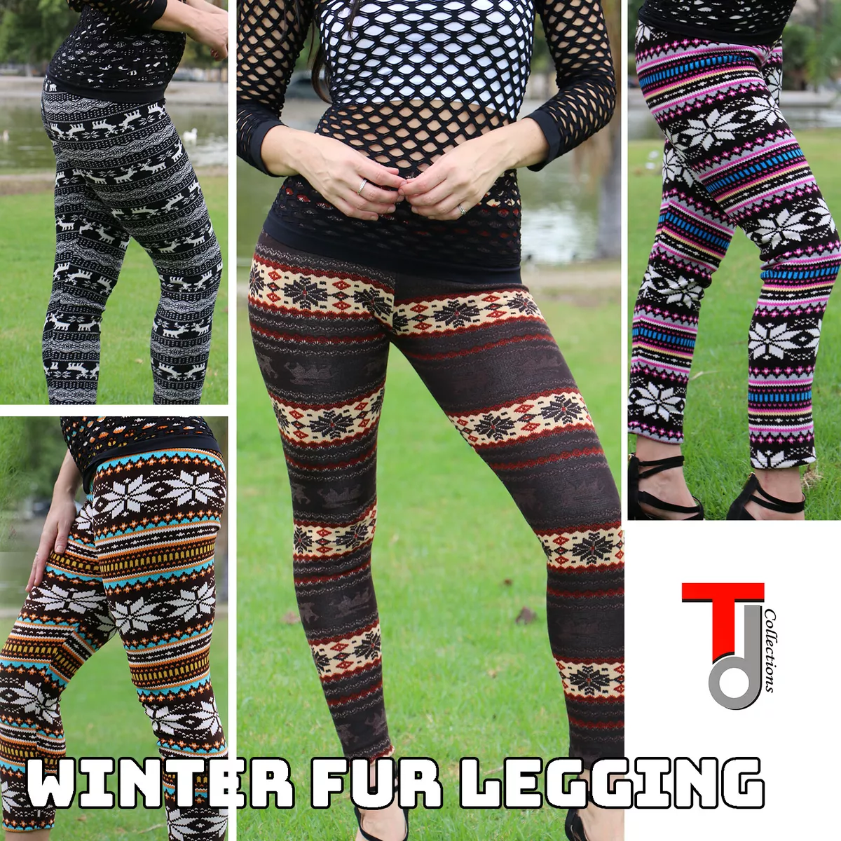 Women Fur Lined Leggings Snow Flake Reindeer Print Winter Thick