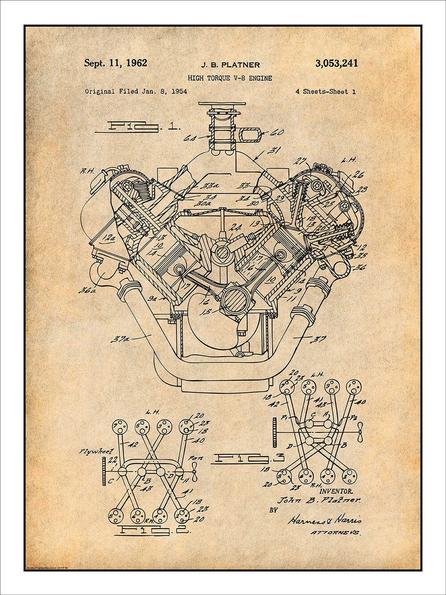 1954 Chrysler 426 Hemi V8 Engine Patent Print Art Drawing Poster