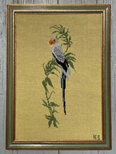 Vintage Tropical Bird Parrot Needlepoint Cross Stitch Embroidery Framed 20th C.