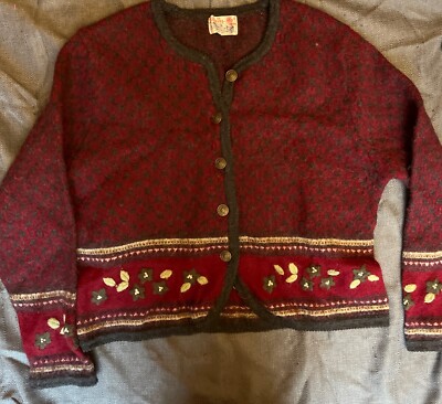 Tally Ho Sweater  Womens Large Maroon Wool Embroidered Floral  Button Up Vintage