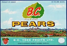 1 B.C. PEARS Brand Original Fruit Crate Label Litho 64 Kelowna, B.C., Canada