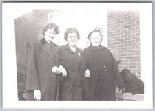Vtg B&W Snapshot Three Women In Coats Outside Church 1950s