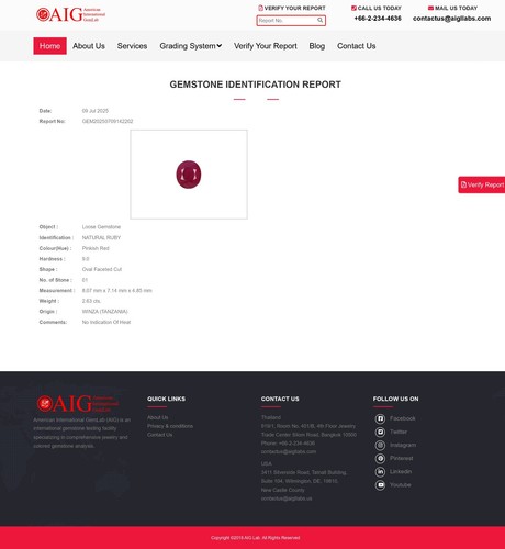 Certificado AIG 2,63 cts Rojo Rosado Rubí Natural Sin Calentar Ovalado Winza (Tanzania) - Imagen 5 de 5