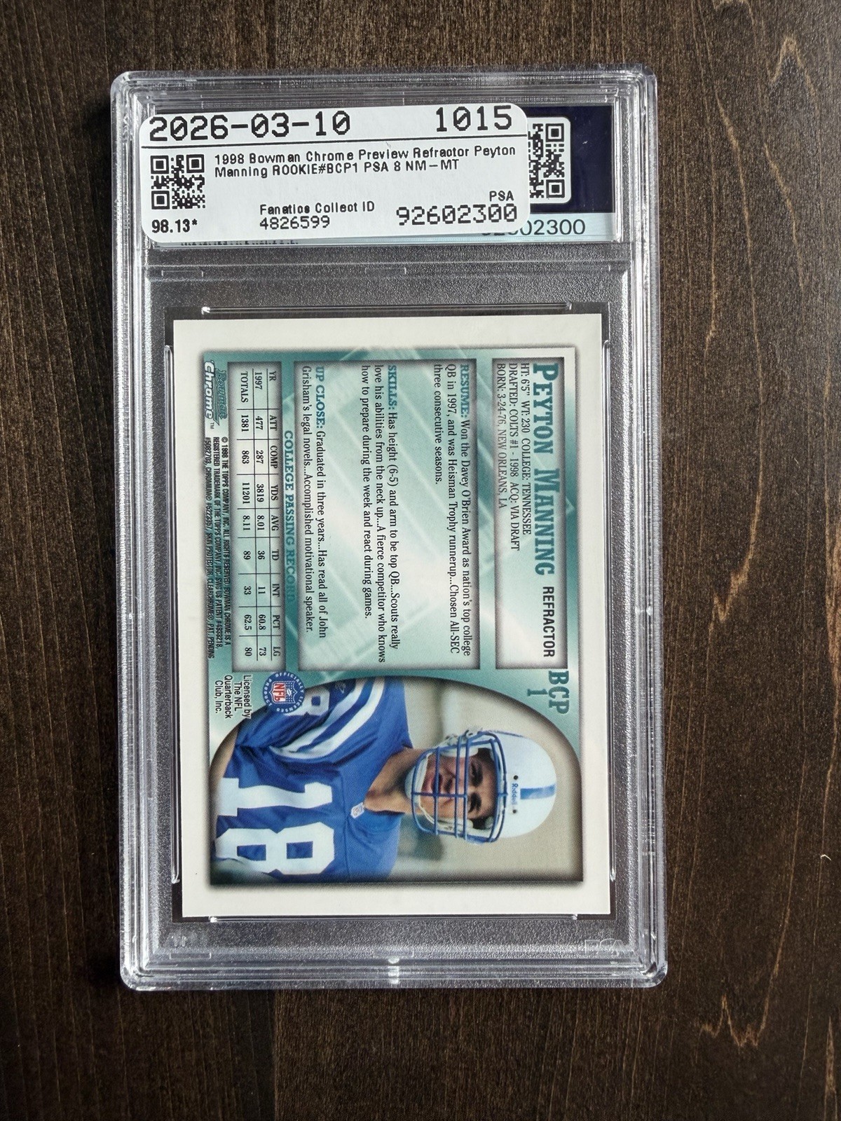 1998 Bowman Chrome - Preview Peyton Manning #BCP1 Refractor (RC) PSA 8 view 2