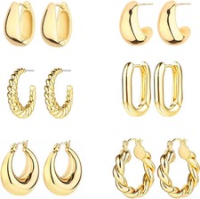 6 Pairs 14K Gold Plated Hoop Earrings for Women Lightweight Chunky Hoop Earrings