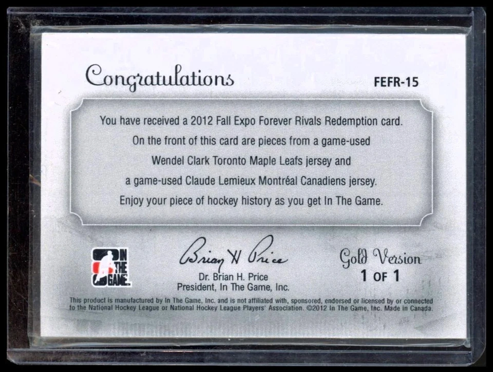 2012 ITG FOREVER RIVALS WENDEL CLARK CLAUDE LEMIEUX JERSEY REDEMPTION GOLD # 1/1 - Image 2 of 2