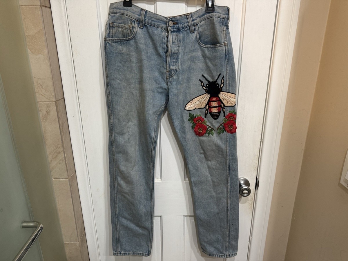 Gucci Bee And Flower Denim Jeans Size 32 Embroidered | eBay