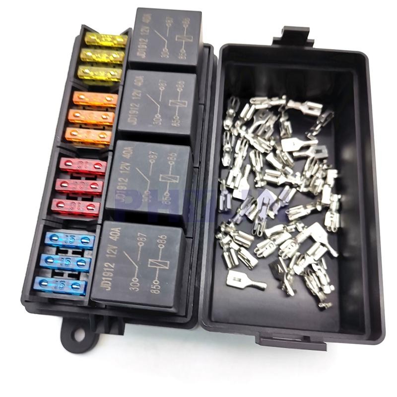 12 Way Blade Fuse Holder Box with Spade Terminals and Fuse 4PCS 4Pin 40A Relays