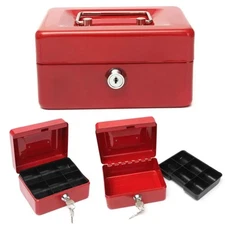 Portable Metal Cash Box Security Lock Safe Handle Removable Tray