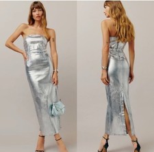 Reformation Eugenia Denim Midi Dress Silver Coated NWT Size 10 Strapless