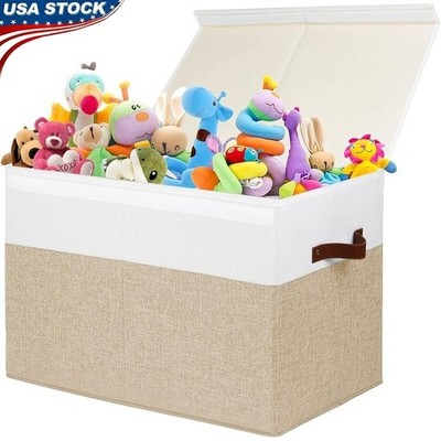 Linen Toy Storage Box Removable Divider Dustproof Collapsible Organizer Basket