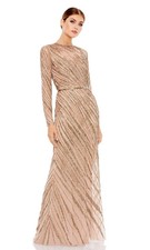 Mac Duggal Mocha Beige Long Sleeve Gold Beaded Column Gown Size 6 $598