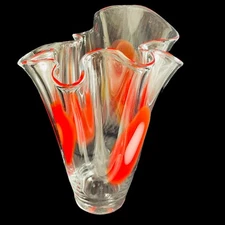 Clear Art Glass Vase Orange Ovals 12.5" Ruffled 4lb 6oz Hand Blown Murano