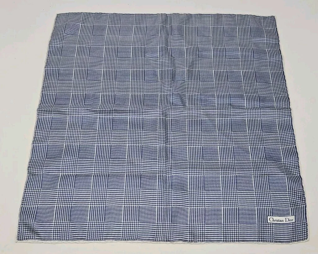 Christian Dior foulard mouchoir en soie pied de poule bleu blanc excellent carré 