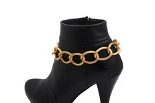 Women Gold Metal Textured Chain Chunky Links Band Boot Bracelet Shoe Fall Winter