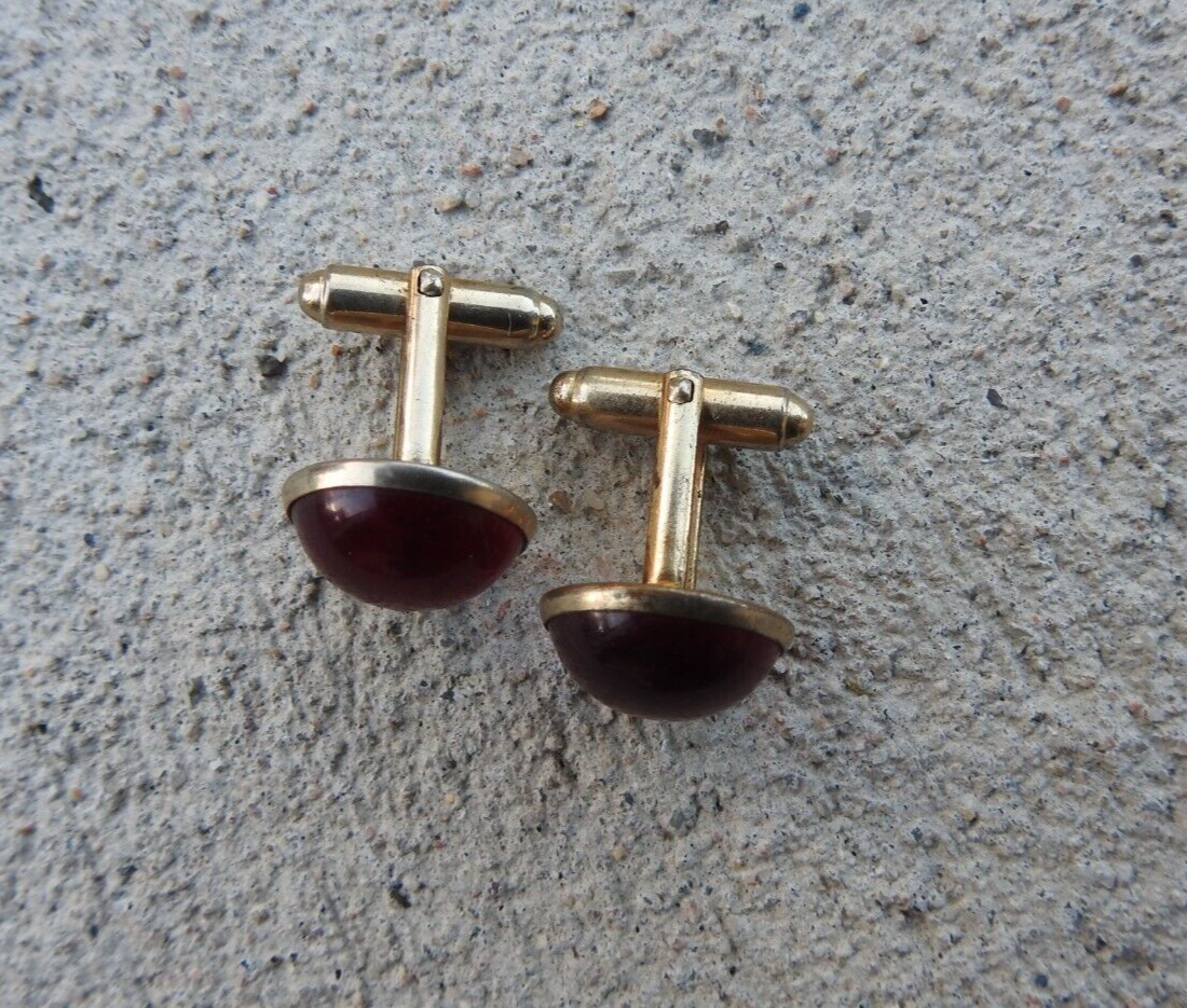 Boutons De Manchette Vintage Or Ovale Cabochon Rouge - Marque Anson - Occasion