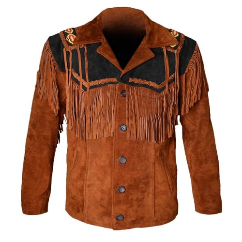 Men's Western Cowboy Jacket Suede Fringe Beaded Native American Leather Jacket e