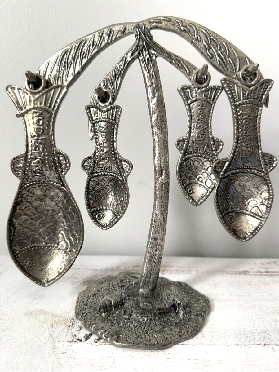 Tin Woodsman TW Pewter 4 Fish Measuring Spoons w/PALM TREE Display