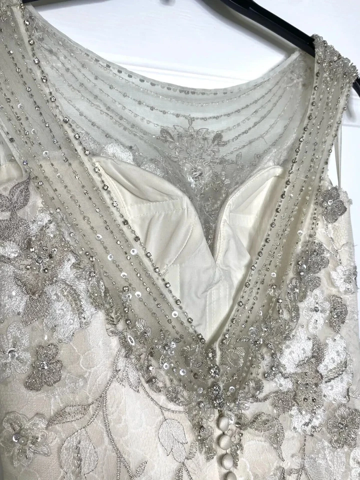 JUSTIN ALEXANDER 9774 Ivory Silver Pearl Embellished Lace Wedding Bridal Gown 8 - Image 4 of 4