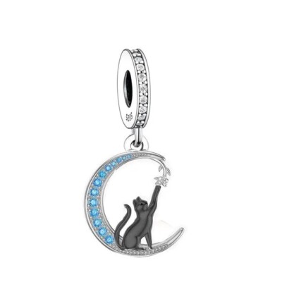   Katze Mond Anhänger Blau Mond Stern Glück schwarze Katze Echt 925 Sterling Silber 