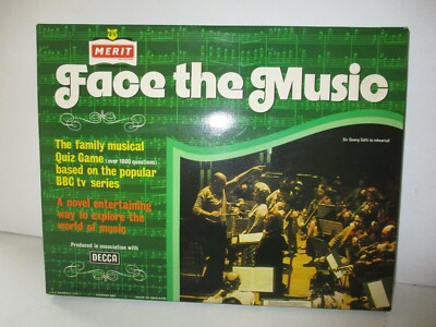 Seltenes Vintage Face The Music Brettspiel von Merit um 1970 sieht unbespielt aus sehr guter Zustand