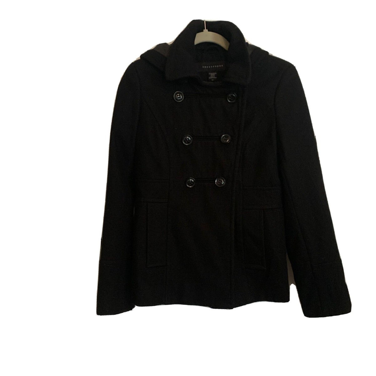 Apostrophe Black Wool Blend Pea Coat Double Breasted Womens Size S/C W/Hood